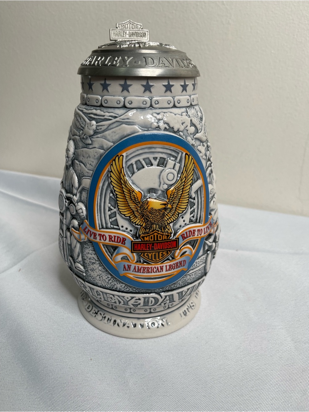 Harley-Davidson Blue, Gold & Orange Eagle Ceramic Stein